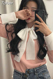 2023 Korean Spring Women Slim Sweater Winter Clothes Knitted Jumper Lace Up Long Sleeve Elegant Pullover Pull Femme