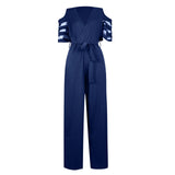 Women Sexy Off The Shoulder Wide Leg Jumpsuit Summer V Neck Loose Jumpsuits Elegant Office Lady Belt Vetidos Mujer