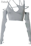 Kpop Irregular Women's T-shirt with Long Sleeves Summer Halter Backless Hollow Out Sexy Solid Crop Top Korean