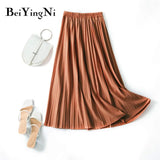 Pleated Midi Skirt Elastic High Waist Sweet Casual 2020 Summer Slim Long Preppy Woman's Skirts Maxi Black Skirt