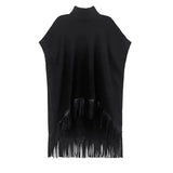 Women Black Irregular Big Size Leather Tassels Dress New Turtleneck Short Sleeve Fashion Tide Spring Autumn 2023