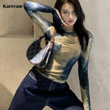 Korean Fashion Tie Dye T-shirts Grunge Sexy Slim Tee Shirts Y2k Aesthetics Streetwear Harajuku Skinny Tops Gothic