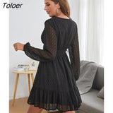 Chiffon Mesh Long Sleeve Dress Women Casual White Ruffle Party Dresses Elegant Solid V Neck Mini Dress Spring Summer