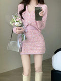 Piece Dress Set Sweet Cardigan Sweater + Slim Skirt Pink Elegant Y2k Mini Dress Office Lady Casual Knitted Suits 2022