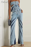 Fashion Women's Tank Tops Slim Strapless Backless Hollow Out Zip Splited Solid Color Denim T-shirt Summer 2023 New