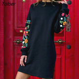 Floral Print Short Dresses Women Autumn Winter Long Sleeve Mini Dress Female Pullover Casual Straight