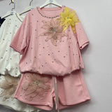 Set European Dress Design Butterfly Set Drill Short Sleeve T-Shirt Blouse Woman + Tight Waist Broad Leg Shorts Two