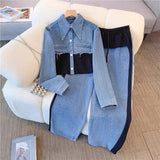 Splicing Fashion Casual Set Spring And Autumn New Long Sleeve Top + Broad Legs Long Pants Two