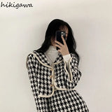 Temperament Skirt Outfits Chic Plaid Two Piece Set Women Sailor Collar Cropped Coapt Bodycon Mini Skirts Suit Office Lady