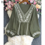 Long Sleeve Pullovers Female Fashion Chic V-neck Loose Floral Embroidered Shirts For Women Boho Casual Beach Blouses