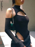 Cut Out Sexy Bodysuit Woman Black Plain Turtleneck Bodies Mujer Shirt Autumn Winter Long Sleeve Bodycon Bodysuits