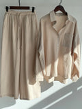 Fashion Lapel Women Two Piece Suit Cotton Linen Shirt High Waist Casual Pants Oversized Suit Women Sweatshirt