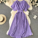 Pleated Dress Women Short Sleeve V Neck Solid A-line Dresses 2022 New Summer Chiffon Vacation Beach
