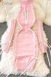 Women Sexy Sweater Dress Open Chest Backless Ribbon Strap Tops Turtleneck Long Sleeve Lacing Up Bodycon Knit Bandage