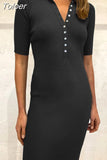 Dress Women 2023 Summer Short Sleeve Polo Neck Slim Boho Midi Dress Woman Fashion Black White Bodycon Dresses