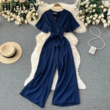 V Neck Jumpsuits Summer Female Irregular Casual Rompers Women Wide leg Summer Overalls
