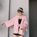 2023 Japanese Kimonos Cat Print Cardigan Harajuku Loose Kimono Pink Blouses feminino Outerwear Shirts Women Coats