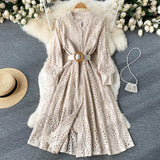2022 Spring Women Dress Vintage Long Sleeve Single Breasted Hollow Out Solid Dresses A-line Casual Holiday Midi