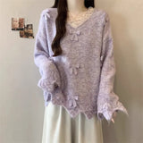 Toloer Three-Dimensional Bow V-Neck Shoulder Knitted Sweater Woman 2025 Autumn Big-Size Fat Mm Super Nice Look And Beautiful
