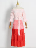 Patchwork Sashes Colorblock Dress For Women Slash Neck Short Sleeve High Waist Midi Dresses 2023 Summer Fashion