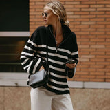 Ribbed Stripes Half-Zip Sweater Women Autumn Winter Clothing 2022 Oversized Pullovers Jumpers Femme Fashion Streetwear