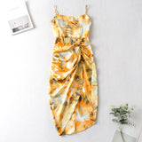 Summer Spaghetti Strap Beach Dress Women Printed Split Sexy Holiday Dress Sleeveless Backless Pleated Satin Midi