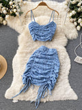 Lace Drawstring Women Summer Set 2022 Ruched Zipper Elastic Top Sexy Vacation Party Club Mini Skirt Two Piece