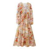 Women's Summer Romantic Lace Printing Design Feel Waist Slimming V-Neck Long-Sleeved