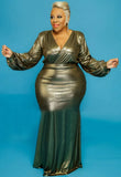 Plus Size Shiny V-neck Puff Sleeve Evening