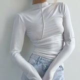 Rockmore Autumn Patchwork T-shirt Women Spring Streetwear Solid Long Sleeve Basic Tops Casual Turtleneck Slim Tee Female