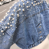 Pearls Long Sleeve Crop Jacket Women 2023 Autumn Turn Down Collar Loose Short Coat Woman Single-breasted Jeans