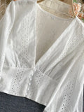 Sexy Hollow Out Women's Blouse Elegant Deep V-Neck Slim Short Shirts Female Puff Long Sleeve White Tops Autumn 2022 Blusas