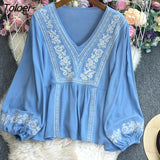Long Sleeve Pullovers Female Fashion Chic V-neck Loose Floral Embroidered Shirts For Women Boho Casual Beach Blouses