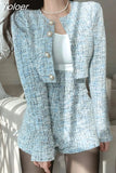 Fragrant Two Piece Outfit Women Fashion Luxury Plaid Tweed Jacket Tops + High Waist Shorts Suits Sets Woman