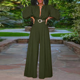 Elegant Long Jumpsuits Women 3/4 Sleeve Vintage High Waist Wide Leg Rompers Casual Pleated Party Overalls Loose Pants No