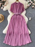 French Pleated Women Dress V Neck Short Sleeve Waist Sheath Dress Female Retro Belt Streetwear Fashion Long