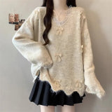 Toloer Three-Dimensional Bow V-Neck Shoulder Knitted Sweater Woman 2025 Autumn Big-Size Fat Mm Super Nice Look And Beautiful