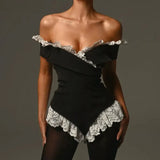 Black Lace Trim Off -Shoulder Bodysuit-Outfit