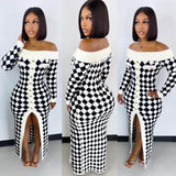 Sexy White and Black Check Off Shoulder Split Sweater