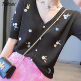 Embroidery Thin Knitted Cardigans Sweaters Summer Women Korean Fashion V-neck Short Sleeve Single-breasted Ice Silk
