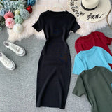 Solid-Color Temperament Round-Neck Knitted Tight Skirt Dress Bag Hip One-Step Skirt Dress Mid-Long
