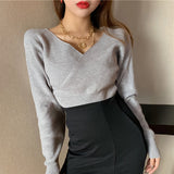 Fashion Sexy Cross V-Neck Women's Sweaters Autumn Winter Bottoming Slim Female Jumper Casual Solid Bodycom Beige Grey