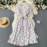 Ruffles Boho 2022 O Neck Summer floral print long split Dress Party Women high waist dress beach holiday tunic