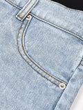 Fashion Women's Contrasting Color Patchwork Jeans Elastic Waist Strap Design Straight Denim Calf-Length Pants