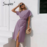 Party Cotton knotted straight women dress Casual O neck chic split dress Elegant green loose short sleeve ladies midi