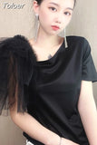 Shirts for Women Summer T Shirts O-neck Short Sleeve Tees Patchwork Gauze Fashion T-shirt Casual Korean Temperament