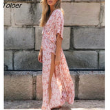 2023 Summer Floral Printed Split Sexy Maxi Dress Deep V Neck Short Sleeve Vintage Vestidos Casual Clothes Women