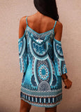Blue Casual Off-the-shoulder Full Sleeves Floral Print Straps Midi Loose Holiday Smock