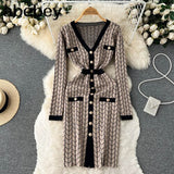 French Plaid Knitted Dress Women V Neck Sweater Sheath Hight Quality Dress Elastic Waist OL Warm Midi Long