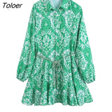 Women Sweet Totem Floral Print Big Swing Mini Shirt Dress Female Chic Lantern Sleeve Casual Slim Lace Up Vestidos